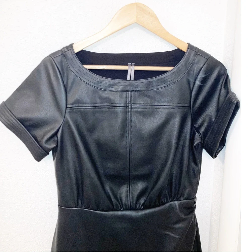 ANTHROPOLOGIE Faux Leather wrap mini dress Black/Noir SZ: 6 - Picture 4 of 13